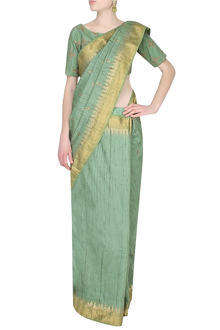 Sage green pitta work handcrafted saree with sage green pashmina embroidered blouse available only at Pernia's Pop Up Shop.