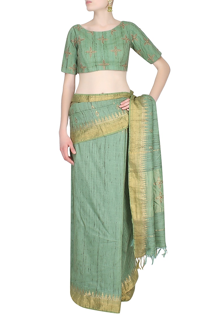 Sage green pitta work handcrafted saree with sage green pashmina embroidered blouse available only at Pernia's Pop Up Shop.