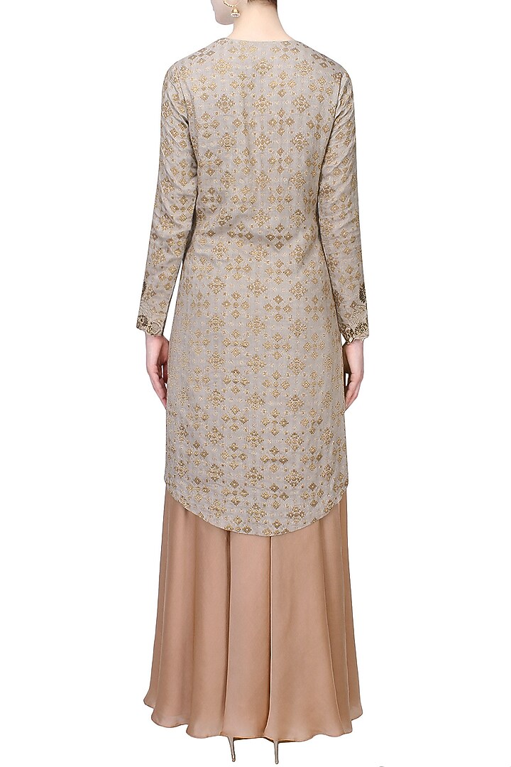 Steel grey zardozi thread embroidered handcrafted kurta with blush pink sharara pants set available only at Pernia's Pop Up Shop.