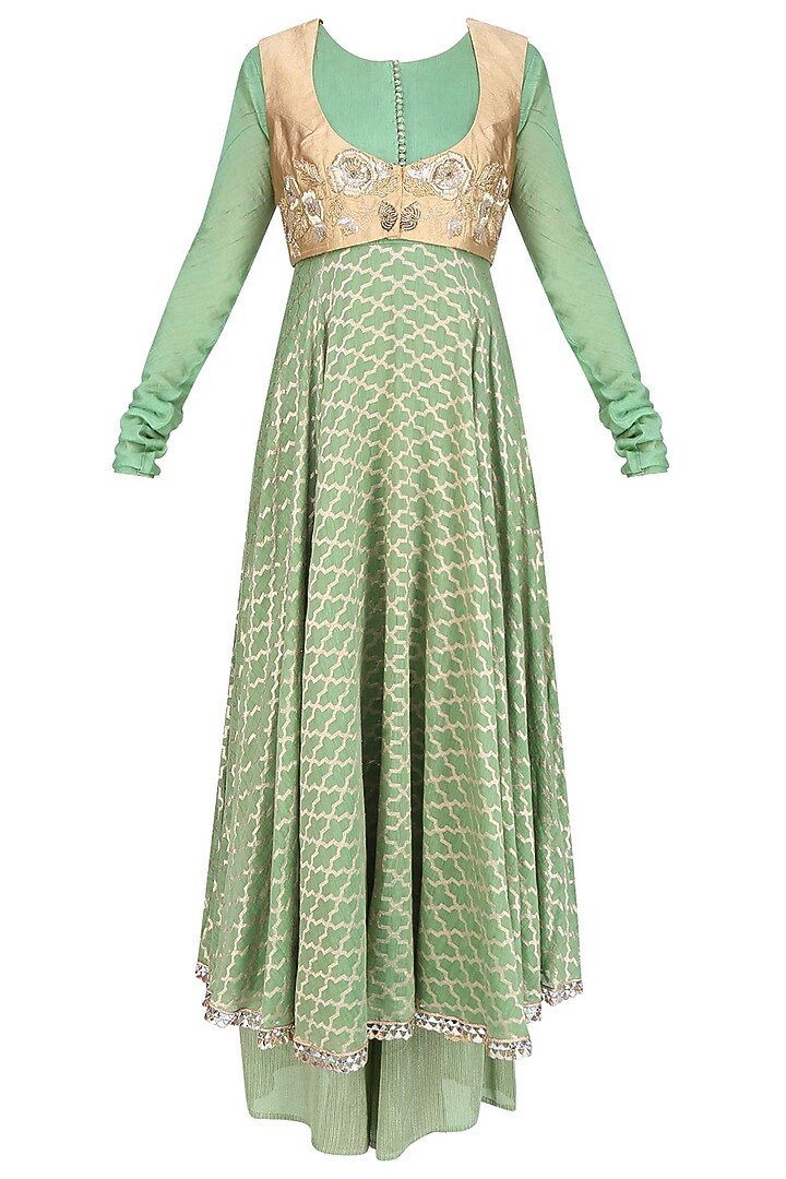 Sage green zardozi embroidered anarkali wish koti waist coat and sage green palazzo pants set available only at Pernia's Pop Up Shop.