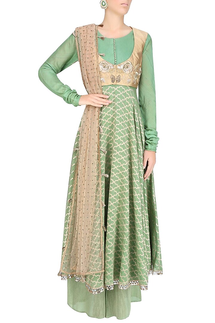 Sage green zardozi embroidered anarkali wish koti waist coat and sage green palazzo pants set available only at Pernia's Pop Up Shop.