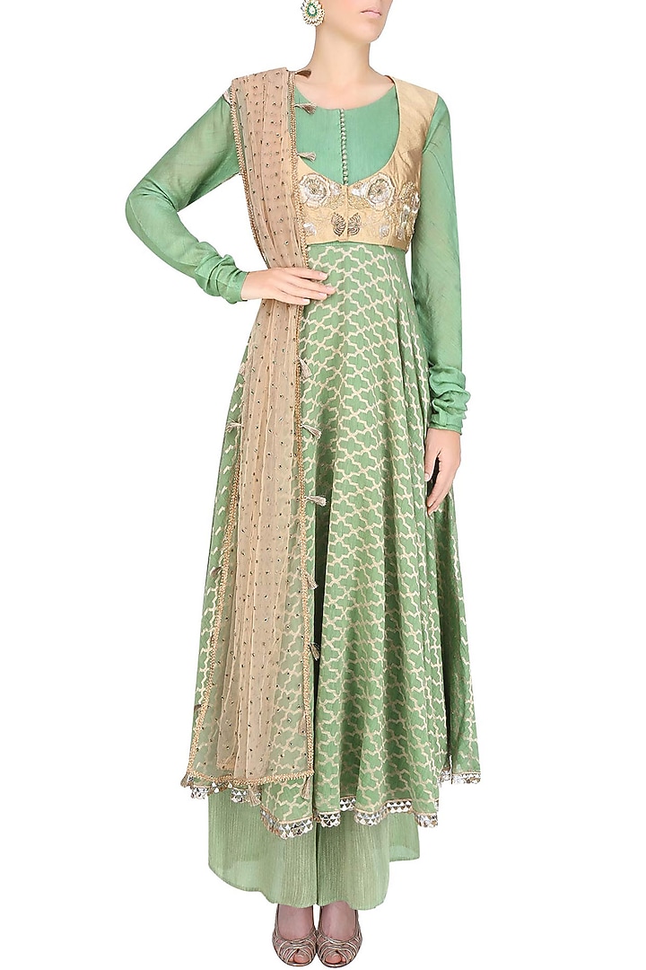 Sage green zardozi embroidered anarkali wish koti waist coat and sage green palazzo pants set available only at Pernia's Pop Up Shop.