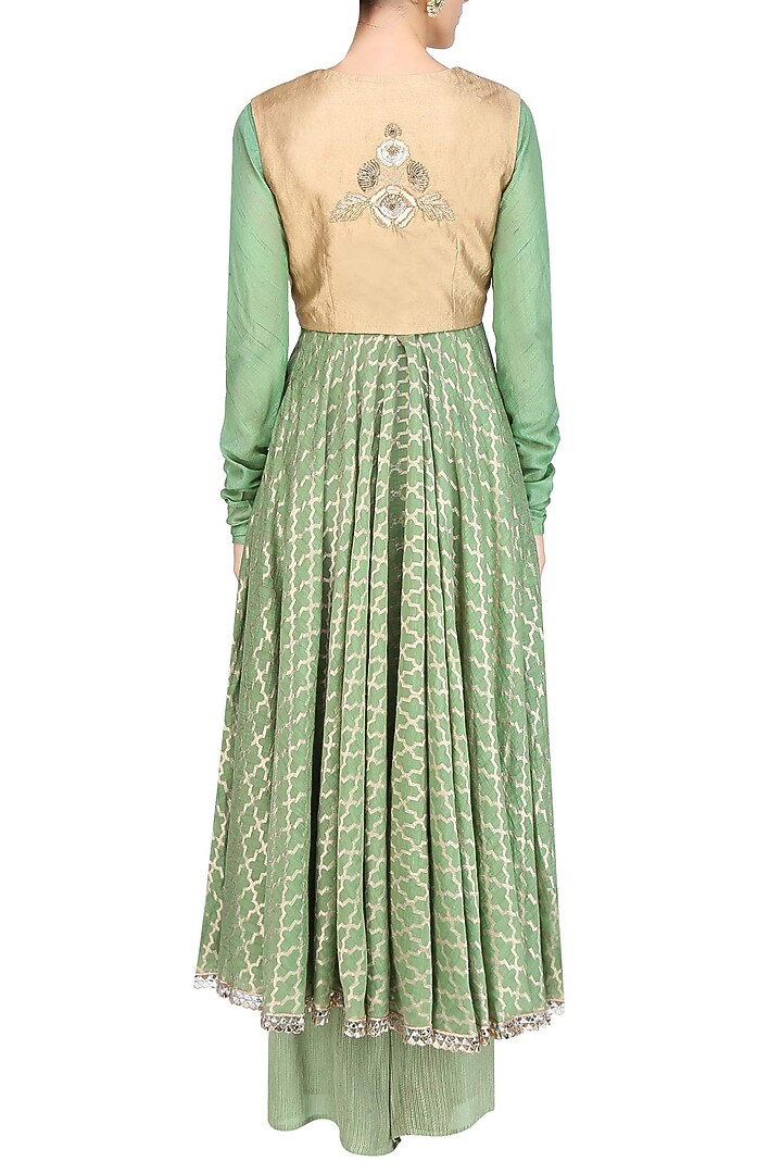 Sage green zardozi embroidered anarkali wish koti waist coat and sage green palazzo pants set available only at Pernia's Pop Up Shop.