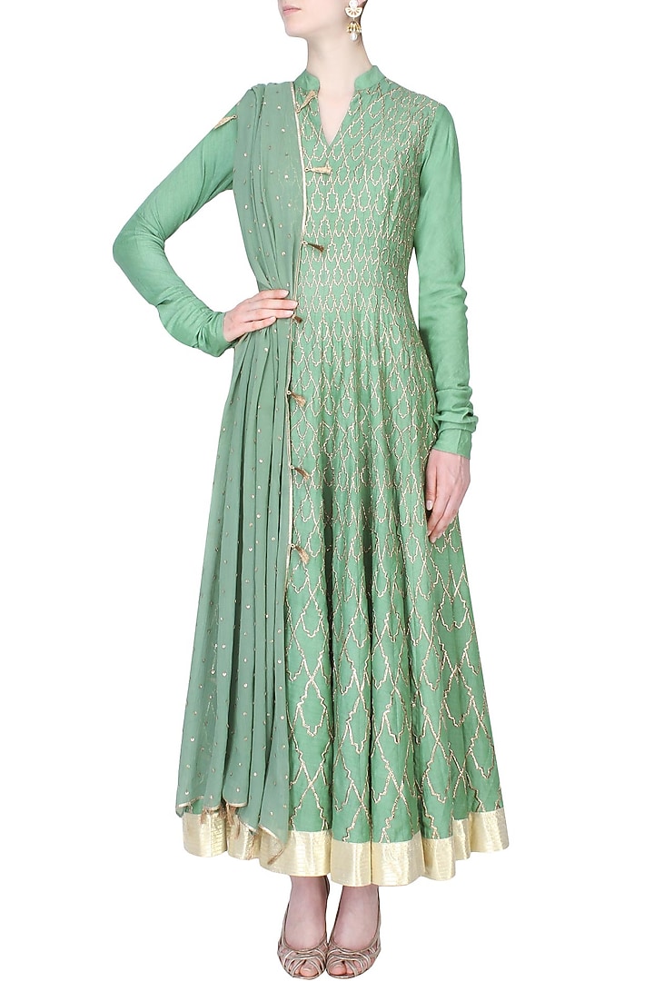Sage green badla work kalidaar kurta with churidaar pants set available only at Pernia's Pop Up Shop.