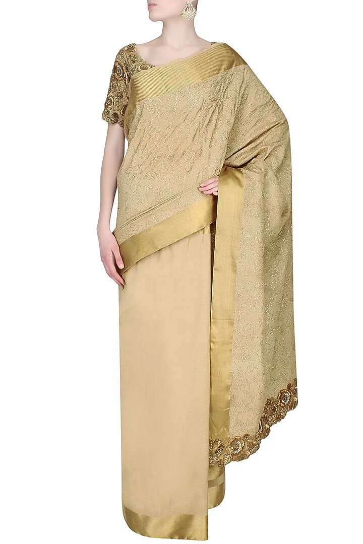 Golden zardozi embroidered saree with golden floral motif thread work blouse available only at Pernia's Pop Up Shop.