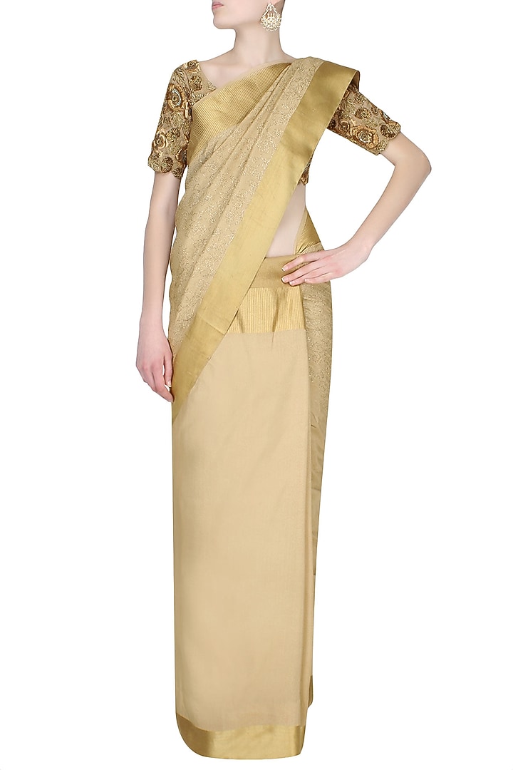Golden zardozi embroidered saree with golden floral motif thread work blouse available only at Pernia's Pop Up Shop.
