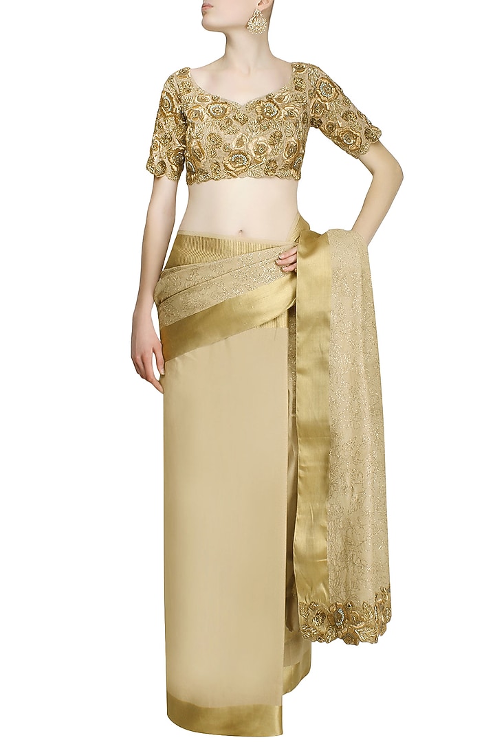 Golden zardozi embroidered saree with golden floral motif thread work blouse available only at Pernia's Pop Up Shop.