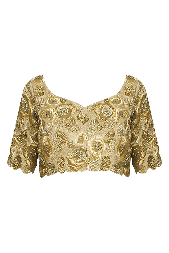 Golden zardozi embroidered saree with golden floral motif thread work blouse available only at Pernia's Pop Up Shop.
