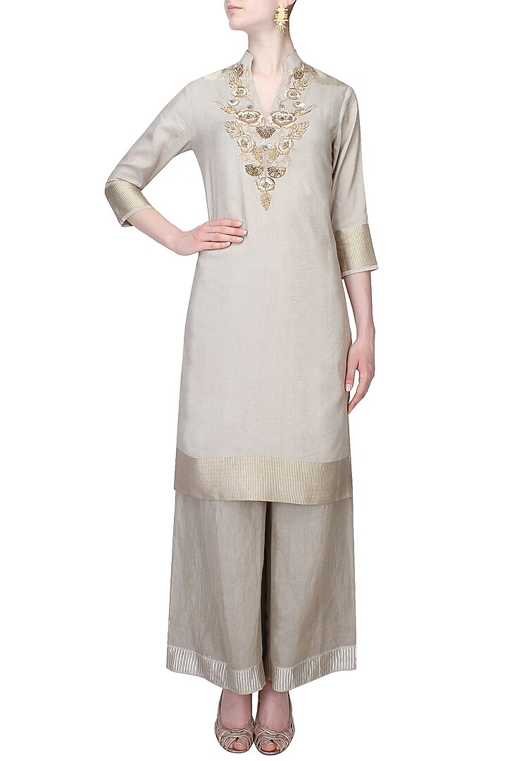 Steel grey zardozi thread work kurta with matching palazzo pants available only at Pernia's Pop Up Shop.