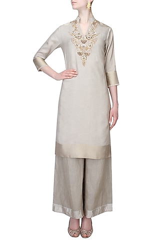 Steel Grey Zardozi Thread Work Kurta With Matching Palazzo Pants by Divya Gupta