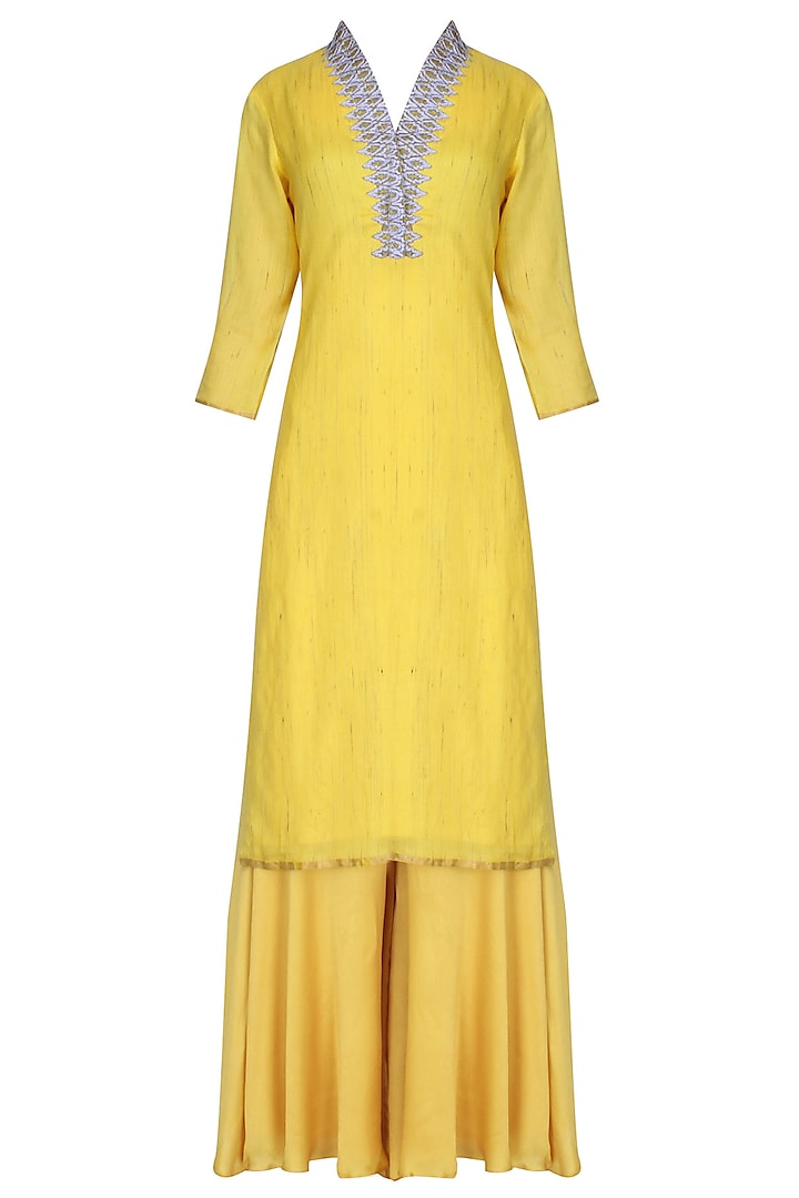 Chrome Yellow Embroidered Collared Kurta With Sharara Pants Set by Divya Gupta
