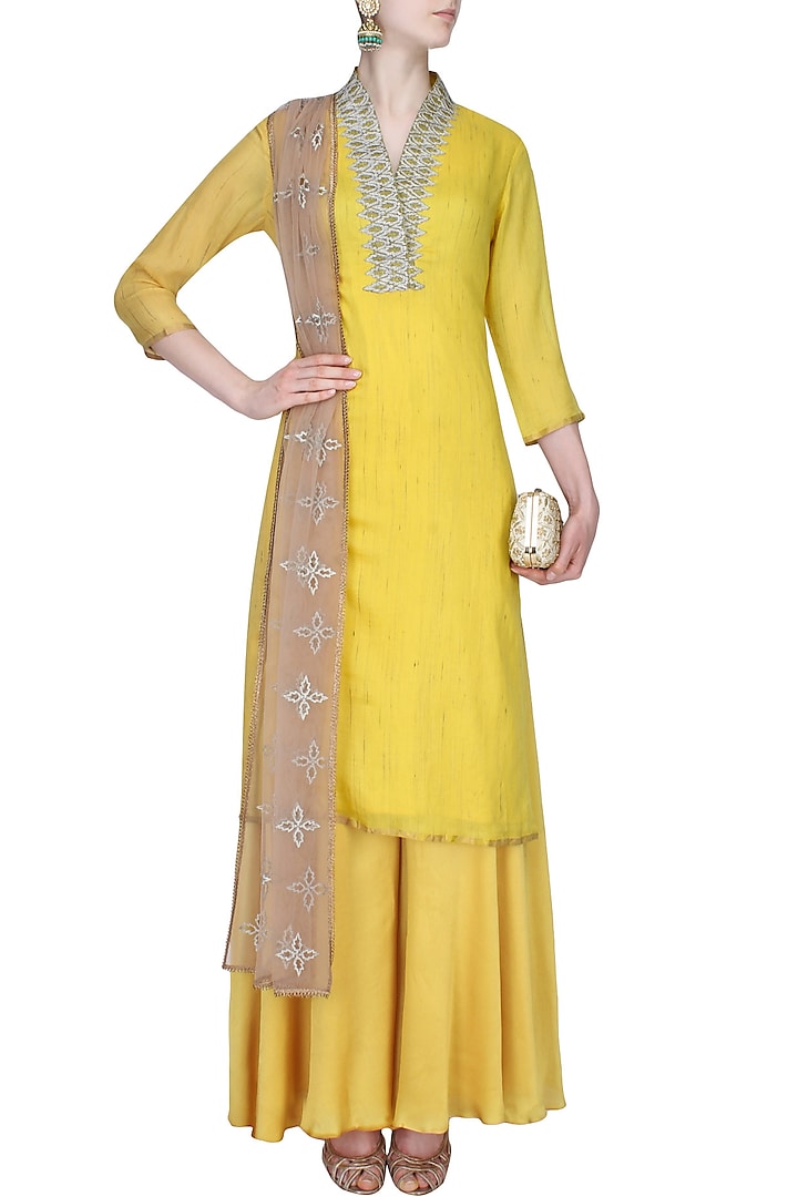Chrome yellow embroidered collared kurta with sharara pants set available only at Pernia's Pop Up Shop.
