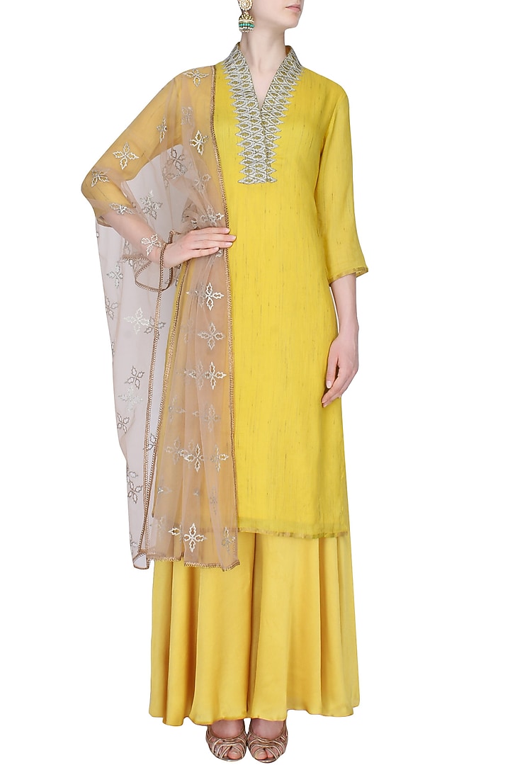 Chrome yellow embroidered collared kurta with sharara pants set available only at Pernia's Pop Up Shop.