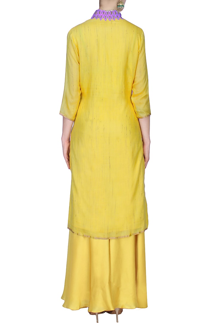 Chrome yellow embroidered collared kurta with sharara pants set available only at Pernia's Pop Up Shop.