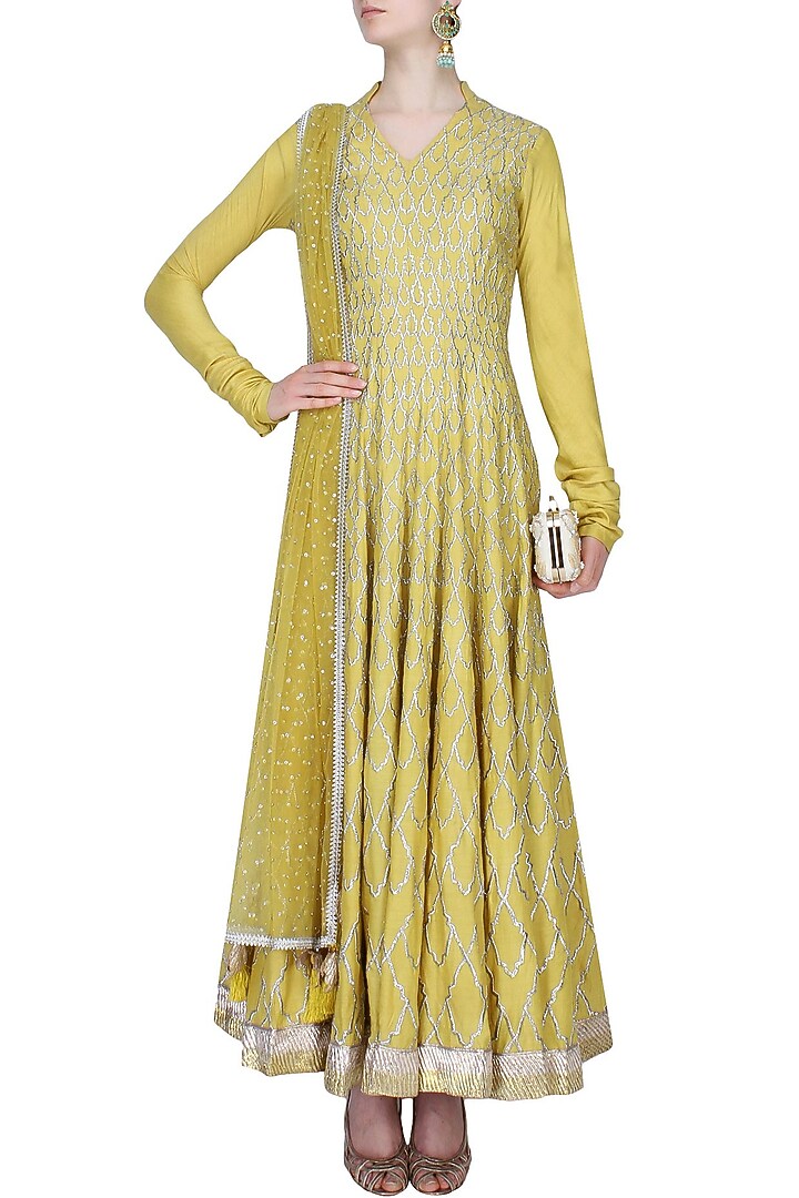 Chrome yellow badla work kalidaar kurta with churidaar pants set available only at Pernia's Pop Up Shop.