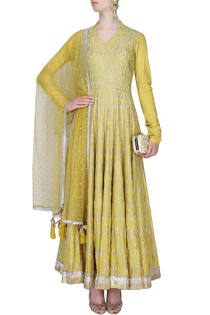 Chrome yellow badla work kalidaar kurta with churidaar pants set available only at Pernia's Pop Up Shop.