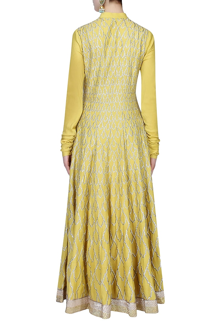 Chrome yellow badla work kalidaar kurta with churidaar pants set available only at Pernia's Pop Up Shop.