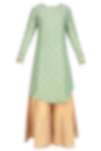 Sage green zardozi embroidered kurta with golden shimmer sharara pants available only at Pernia's Pop Up Shop.