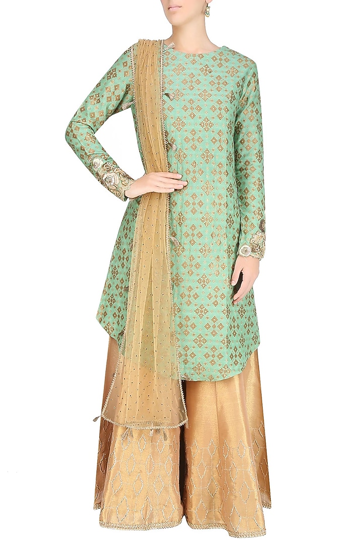 Sage green zardozi embroidered kurta with golden shimmer sharara pants available only at Pernia's Pop Up Shop.
