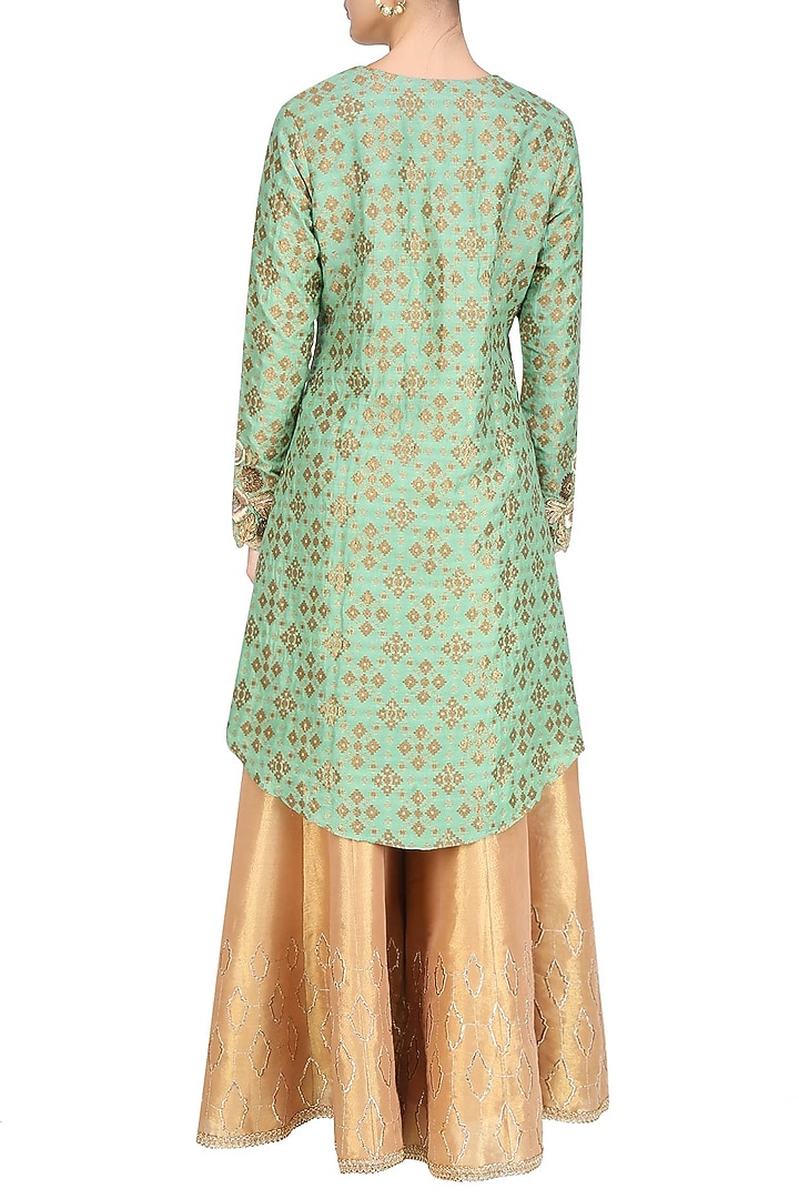 Sage green zardozi embroidered kurta with golden shimmer sharara pants available only at Pernia's Pop Up Shop.