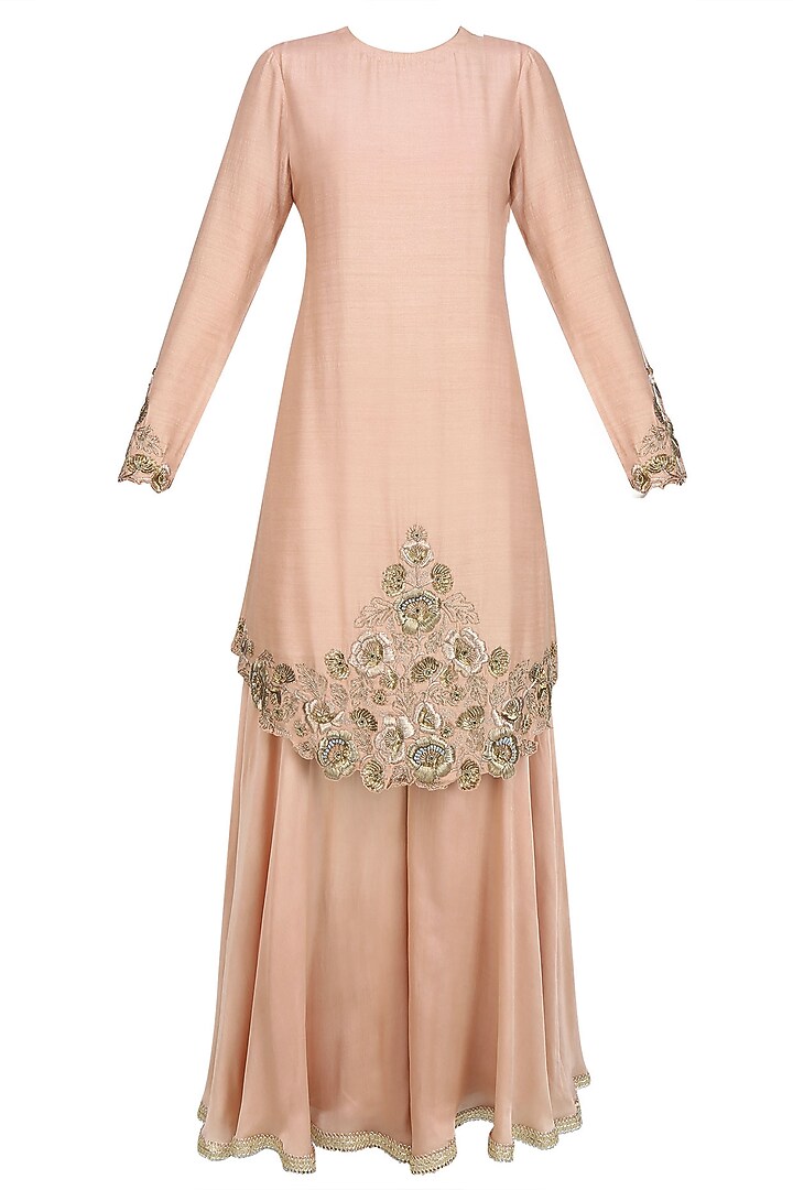 Dirty pink floral pattern zardozi thread work kurta with golden layered palazzo pants set available only at Pernia's Pop Up Shop.
