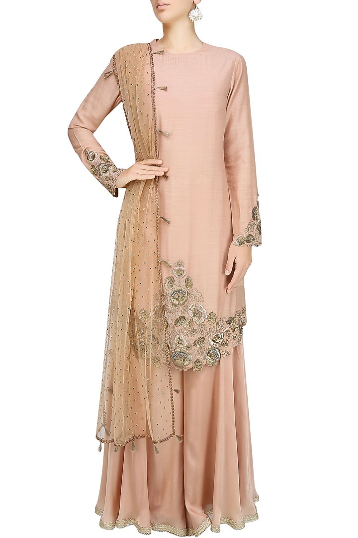 Dirty pink floral pattern zardozi thread work kurta with golden layered palazzo pants set available only at Pernia's Pop Up Shop.