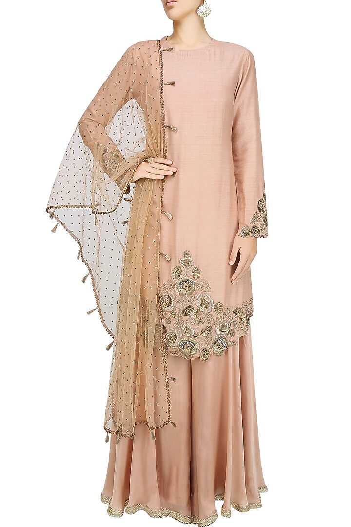 Dirty pink floral pattern zardozi thread work kurta with golden layered palazzo pants set available only at Pernia's Pop Up Shop.