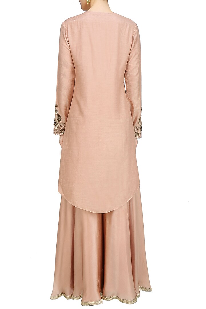 Dirty pink floral pattern zardozi thread work kurta with golden layered palazzo pants set available only at Pernia's Pop Up Shop.