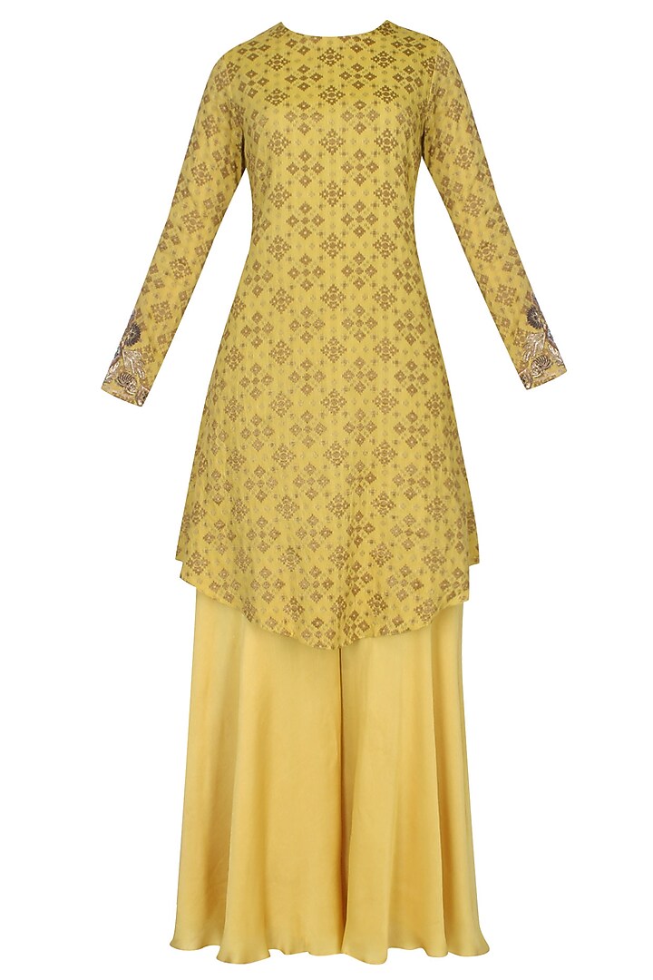 Chrome yellow zardozi embroidered handcrafted kurta with chrome yellow sharara pants set by Divya Gupta