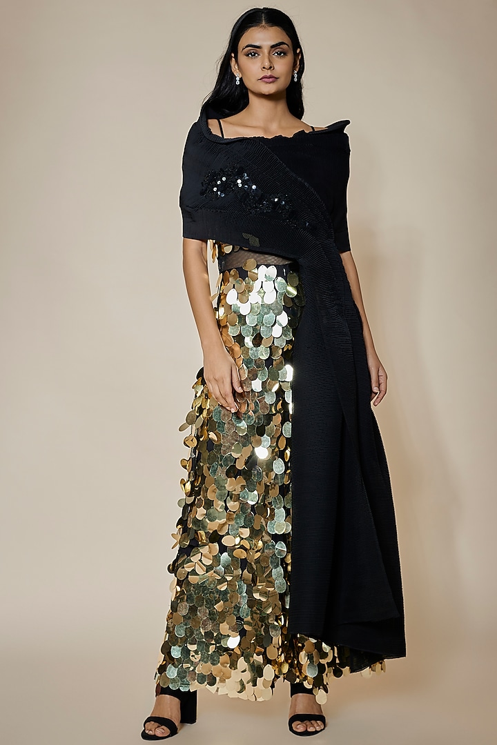 Black & Gold Sequins Net Embellished Jumpsuit by Divya Kanakia at Pernia's Pop Up Shop