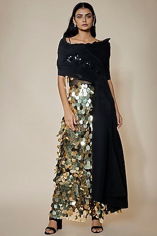 Black & Gold Sequins Net Embellished Jumpsuit by Divya Kanakia