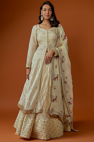Beige Georgette & Cotton Jacket Lehenga Set by Divya Kanakia
