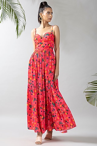 Pink Crepe Silk Printed Maxi Dress by Dziine by deepa