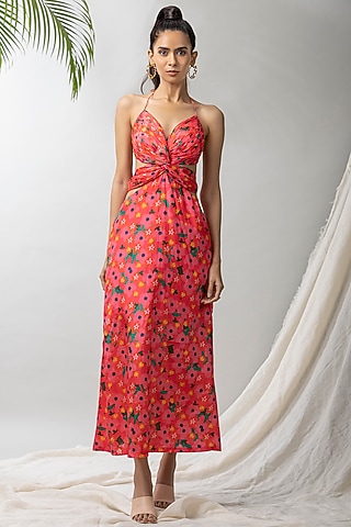Pink Crepe Silk Printed Cutout Midi Dress by Dziine by deepa