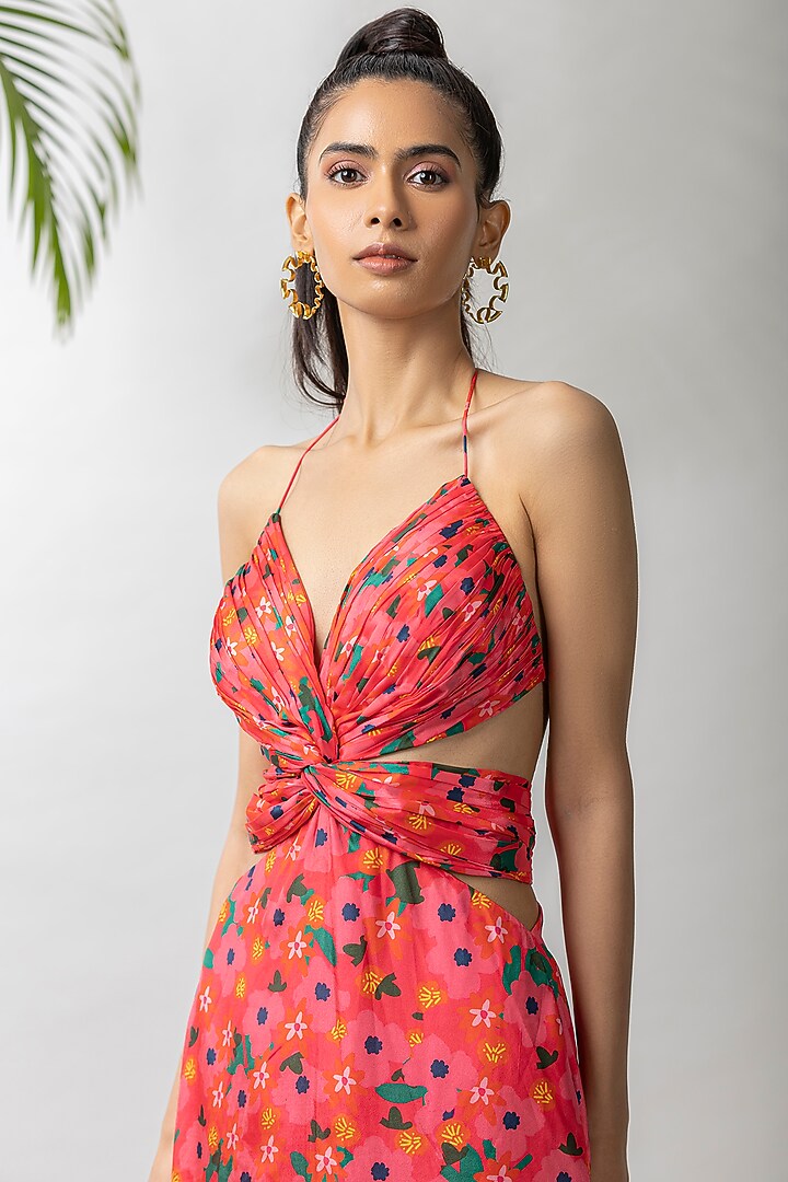 Pink Crepe Silk Printed Cutout Midi Summer Dress by Dziine by deepa at Pernia's Pop Up Shop