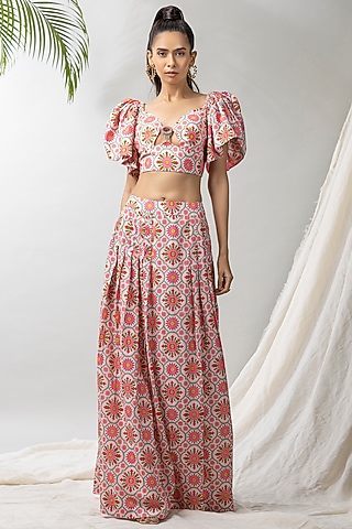 White Cotton Ruby Printed Skirt Set by Dziine by deepa