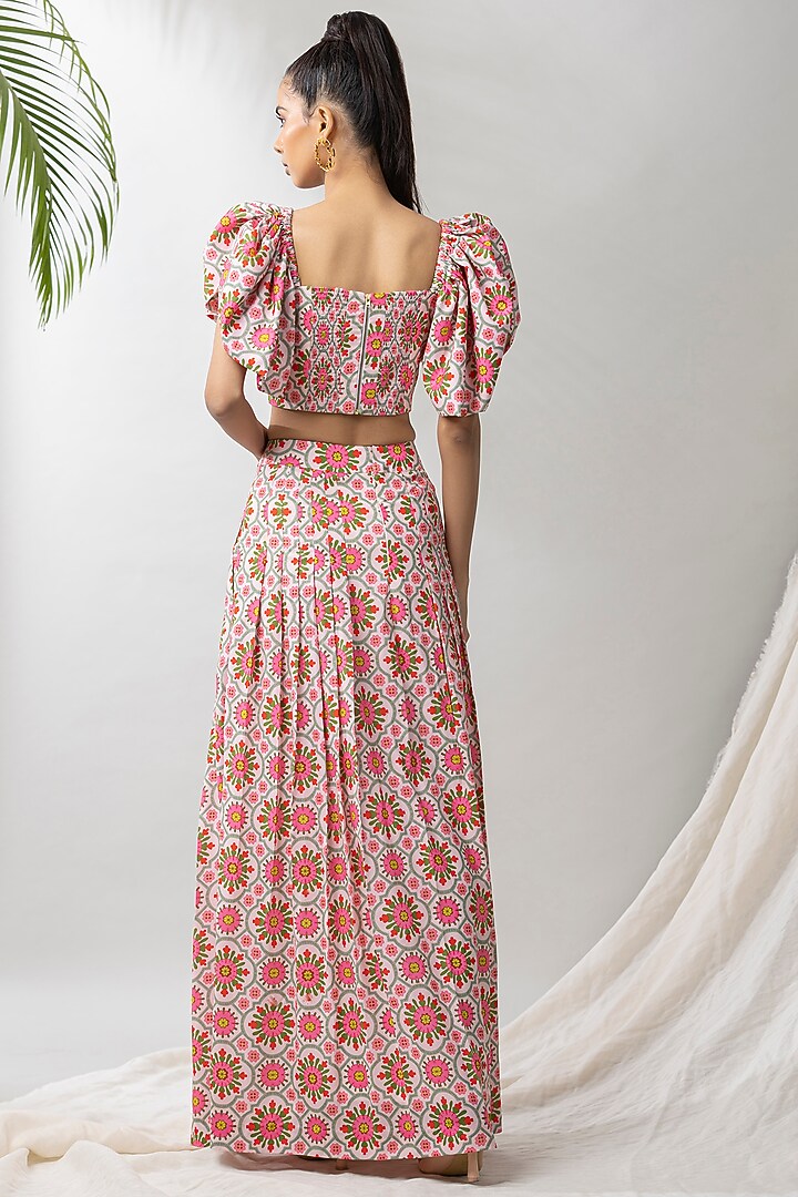 White Cotton Ruby Printed Skirt Set by Dziine by deepa at Pernia's Pop Up Shop