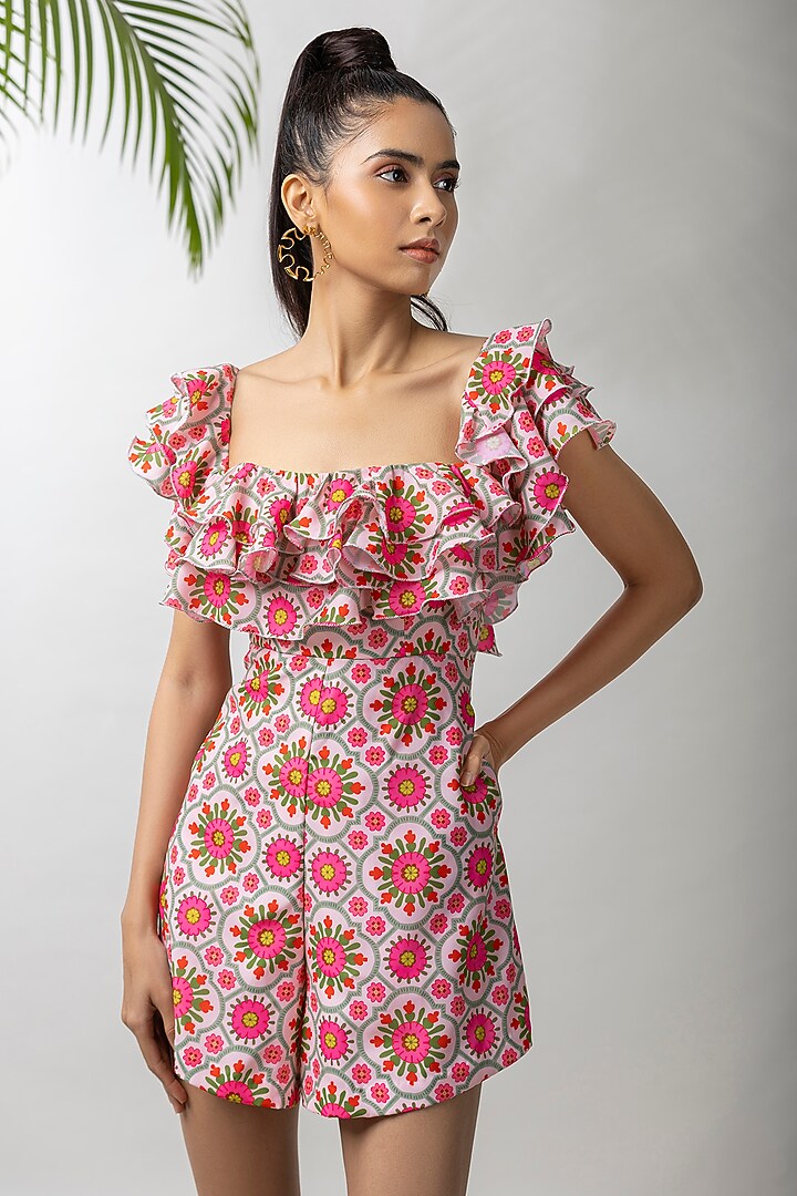 White Cotton Ruby Printed Playsuit by Dziine by deepa at Pernia's Pop Up Shop