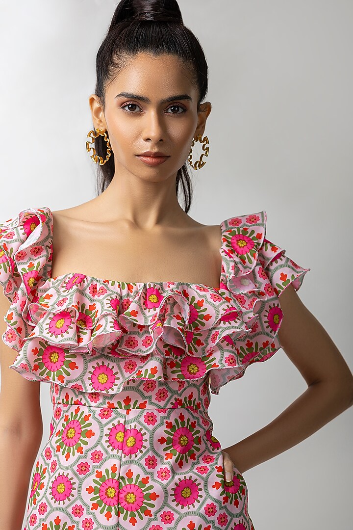 White Cotton Ruby Printed Playsuit by Dziine by deepa at Pernia's Pop Up Shop