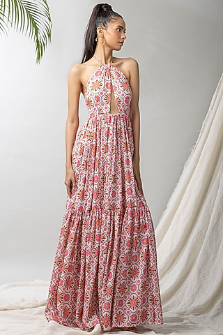 White Cotton Ruby Printed Maxi Dress by Dziine by deepa