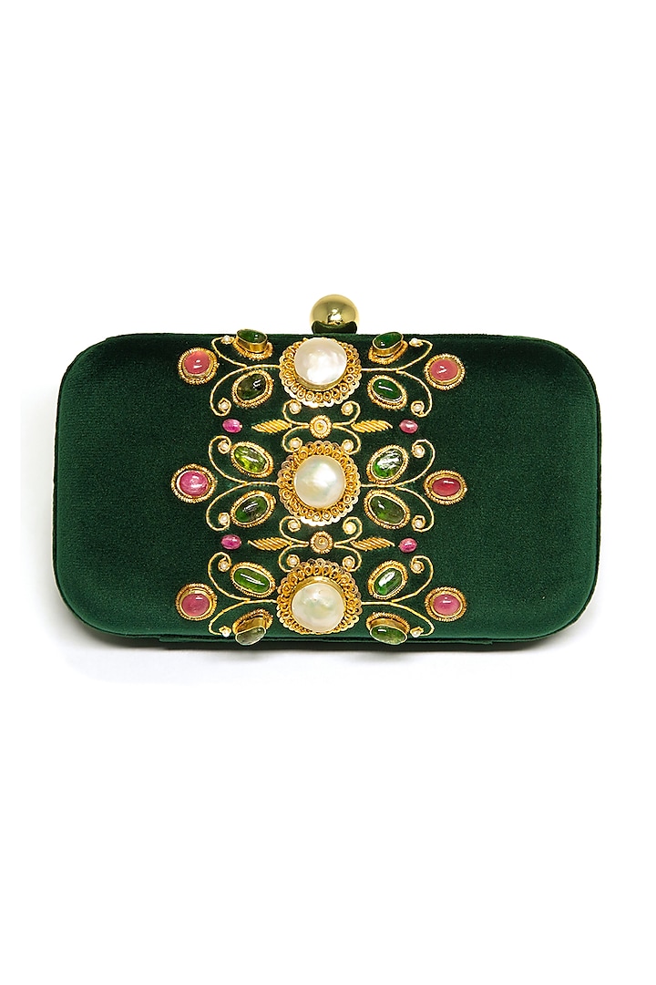 Emerald Green Embroidered Clutch by DZIOR PERL