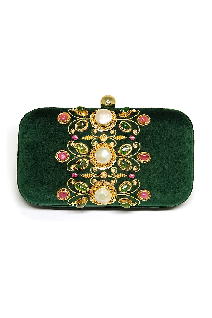 Emerald Green Embroidered Clutch by DZIOR PERL at Pernia's Pop Up Shop