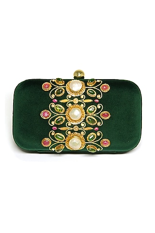 Emerald Green Embroidered Clutch by DZIOR PERL