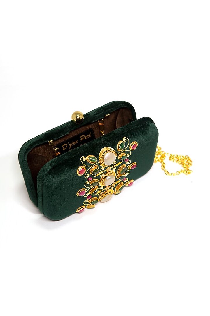 Emerald Green Embroidered Clutch by DZIOR PERL at Pernia's Pop Up Shop