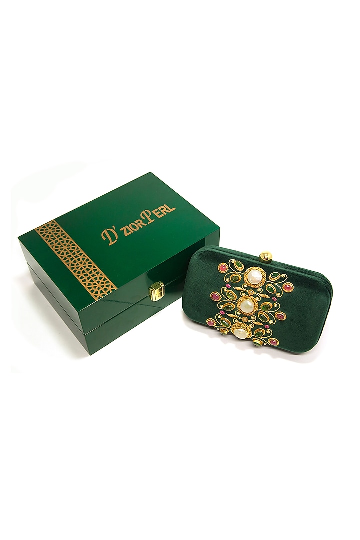 Emerald Green Embroidered Clutch by DZIOR PERL at Pernia's Pop Up Shop