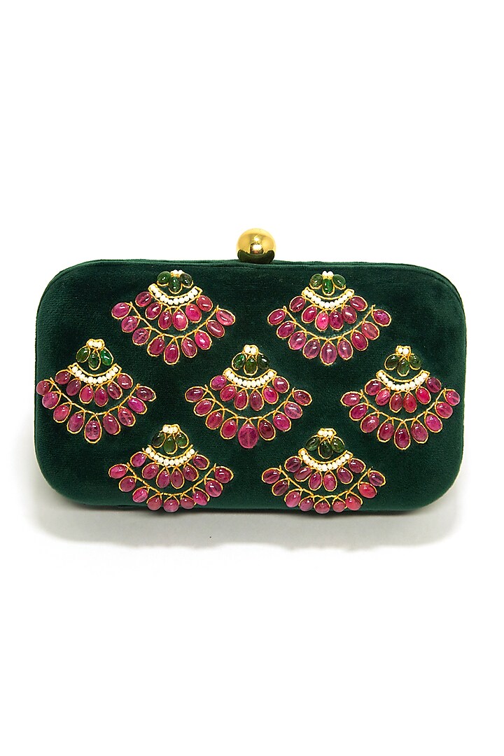 Emerald Green Velvet Embroidered Clutch by DZIOR PERL