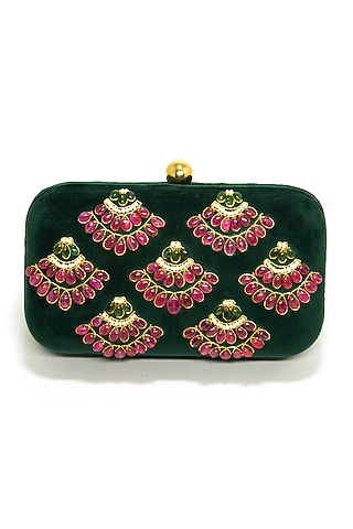 Emerald Green Velvet Embroidered Clutch by DZIOR PERL
