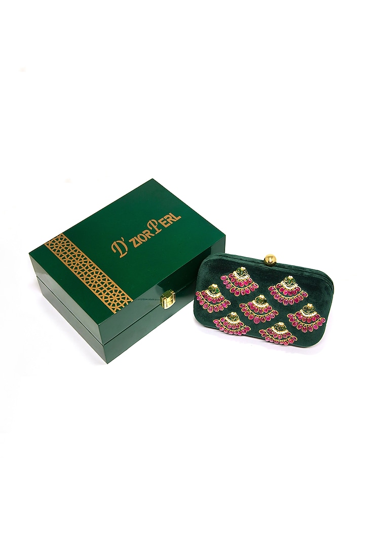 Emerald Green Velvet Embroidered Clutch by DZIOR PERL at Pernia's Pop Up Shop