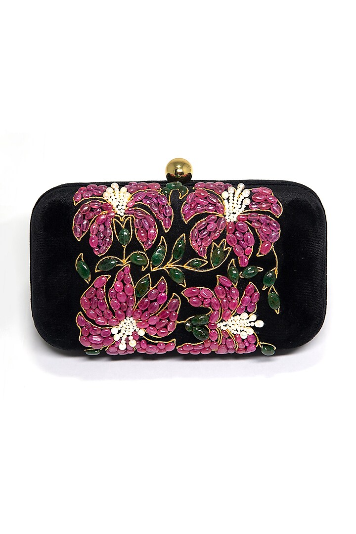 Black Embroidered Clutch by DZIOR PERL