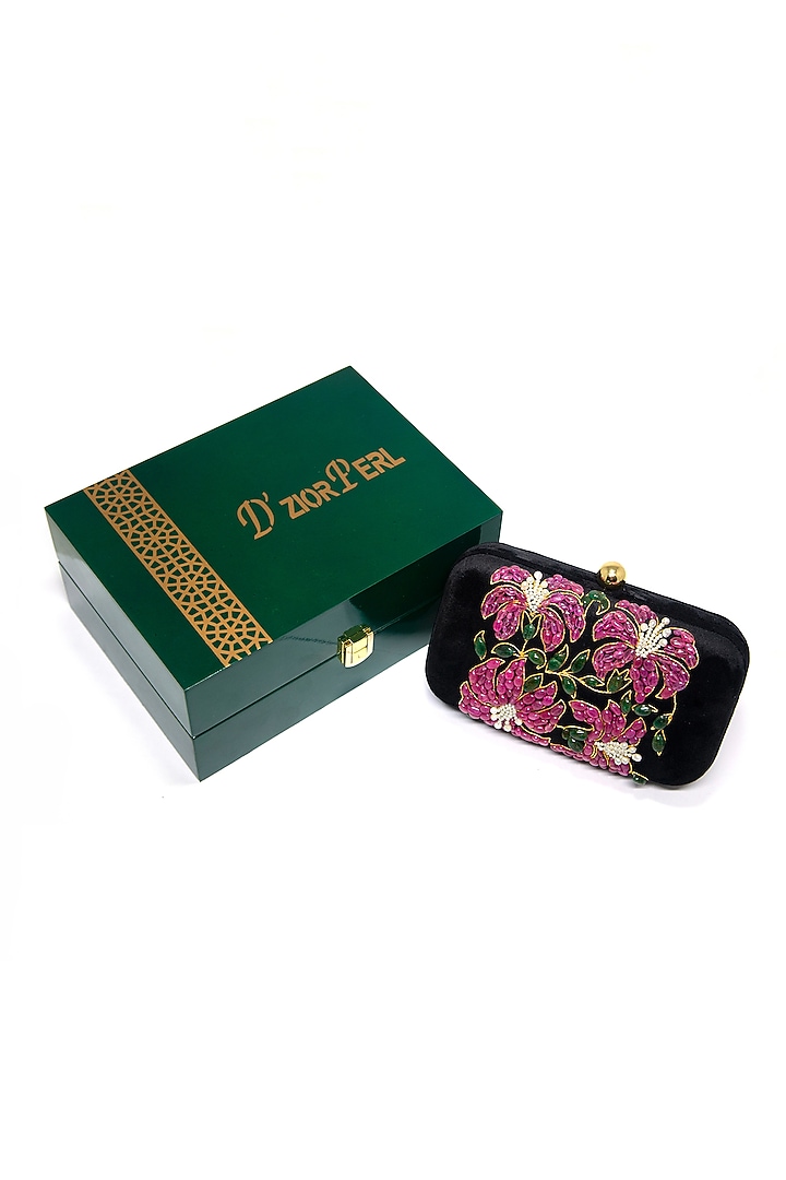 Black Embroidered Clutch by DZIOR PERL at Pernia's Pop Up Shop